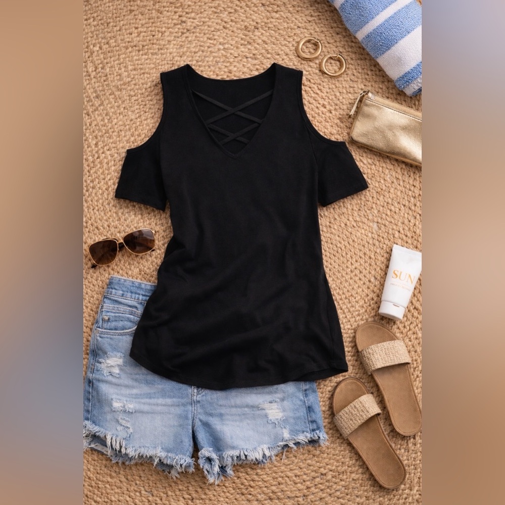 Ambiance Black Trending Crisscross V-Neck Cold Shoulder Top Cotton Plus Size 1X - Picture 7 of 11